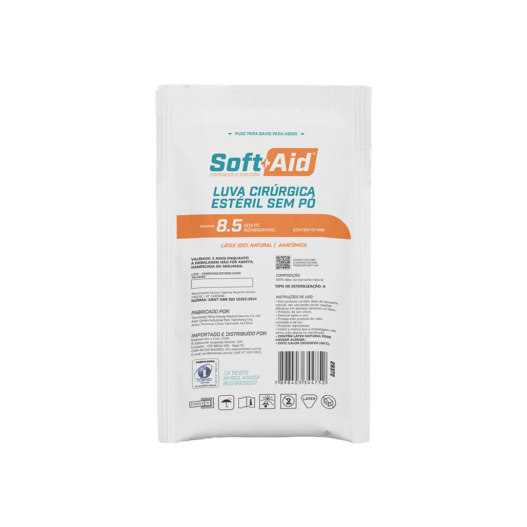 Luva Látex Cirúrgica Soft Aid tam. 8,5 s/ Pó 50UN