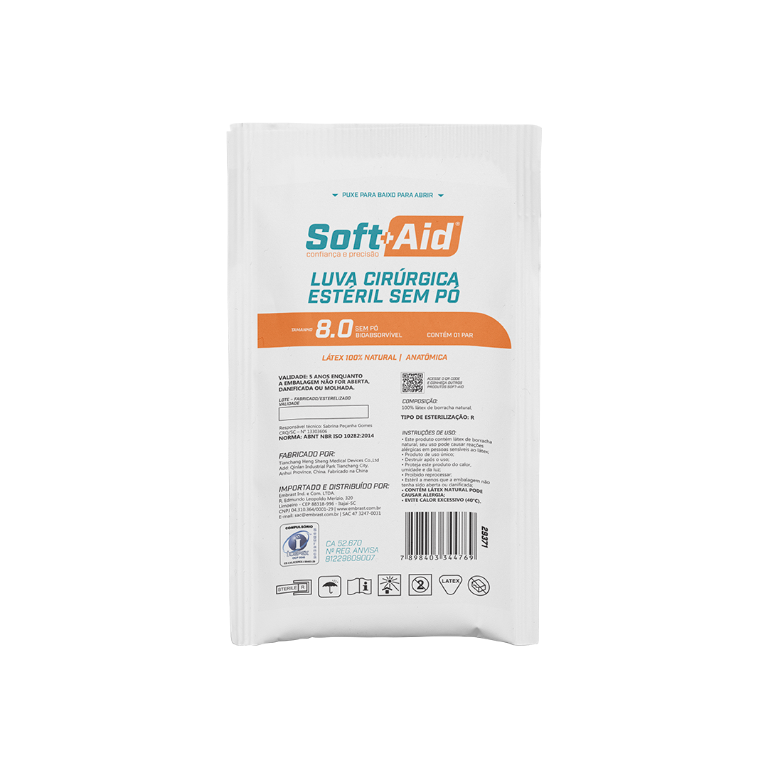 Luva Látex Cirúrgica Soft Aid tam. 8 s/ Pó 50UN