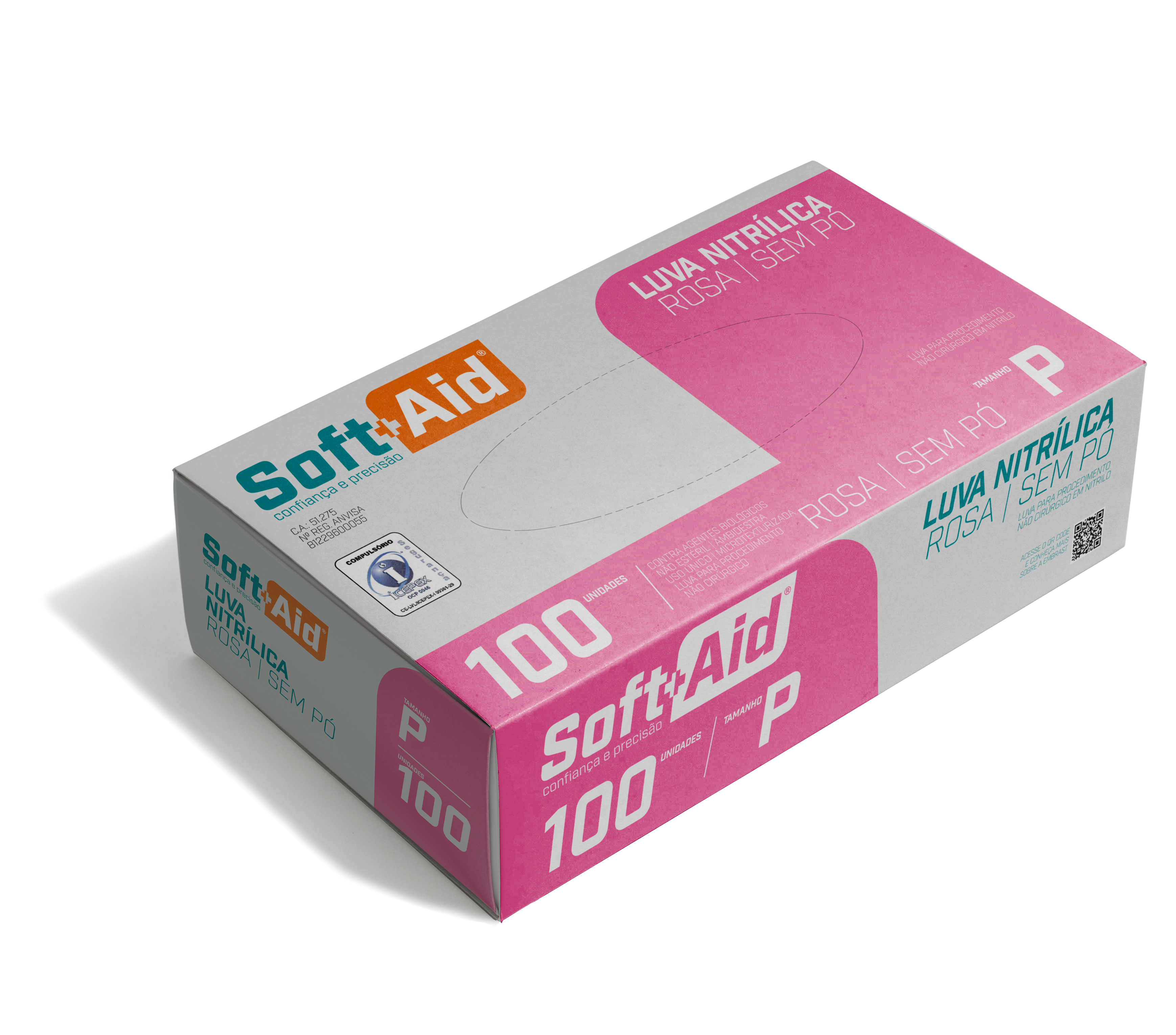 Luva Nitrílica Soft Aid Rosa s/ Pó tam. P 100UN