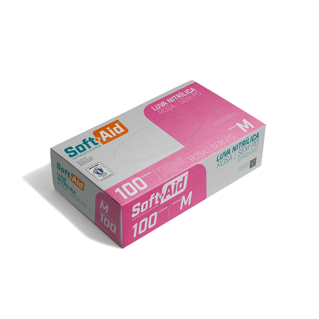 Luva Nitrílica Soft Aid Rosa s/ Pó tam. M 100UN