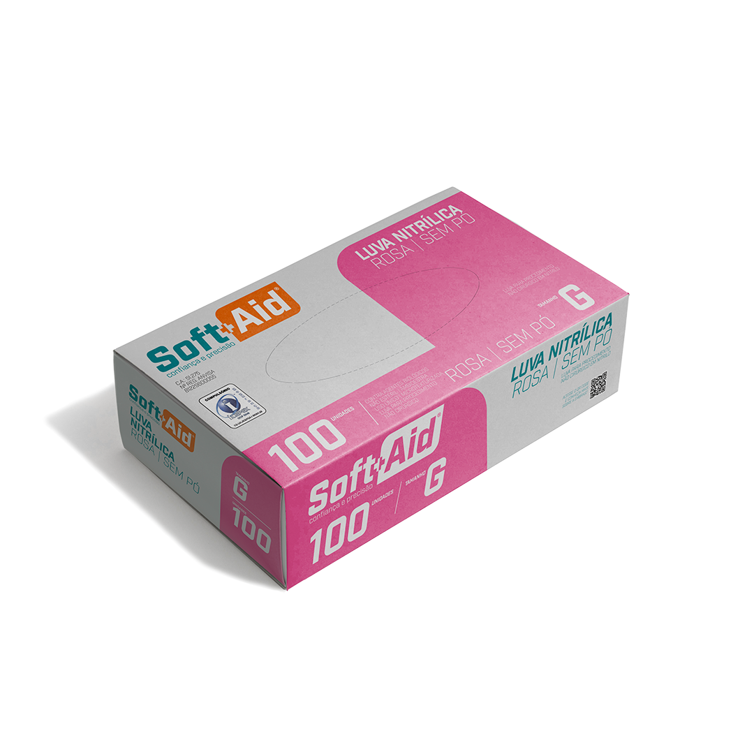 Luva Nitrílica Soft Aid Rosa s/ Pó tam. G 100UN
