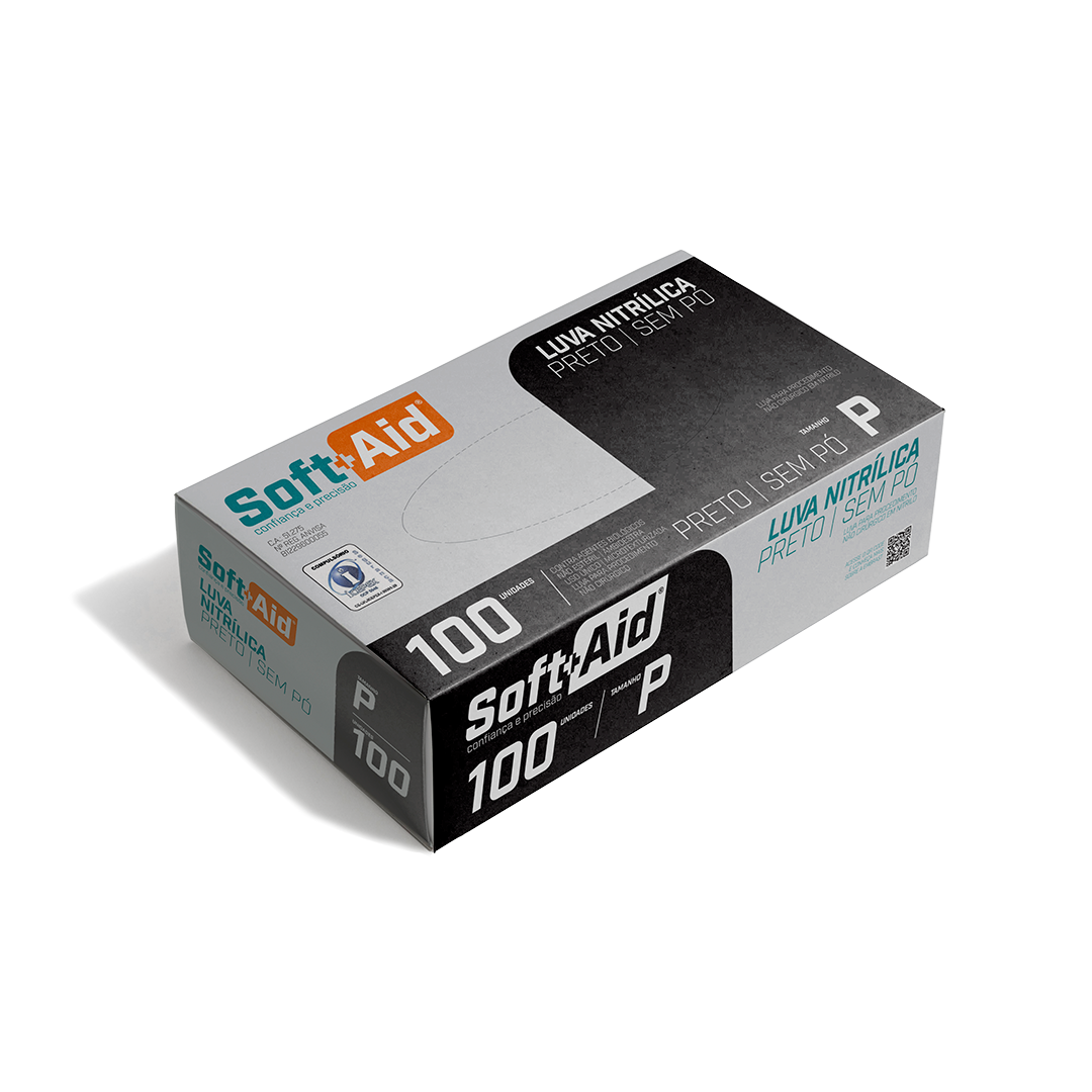 Luva Nitrílica Soft Aid Preta s/ Pó tam. P 100UN
