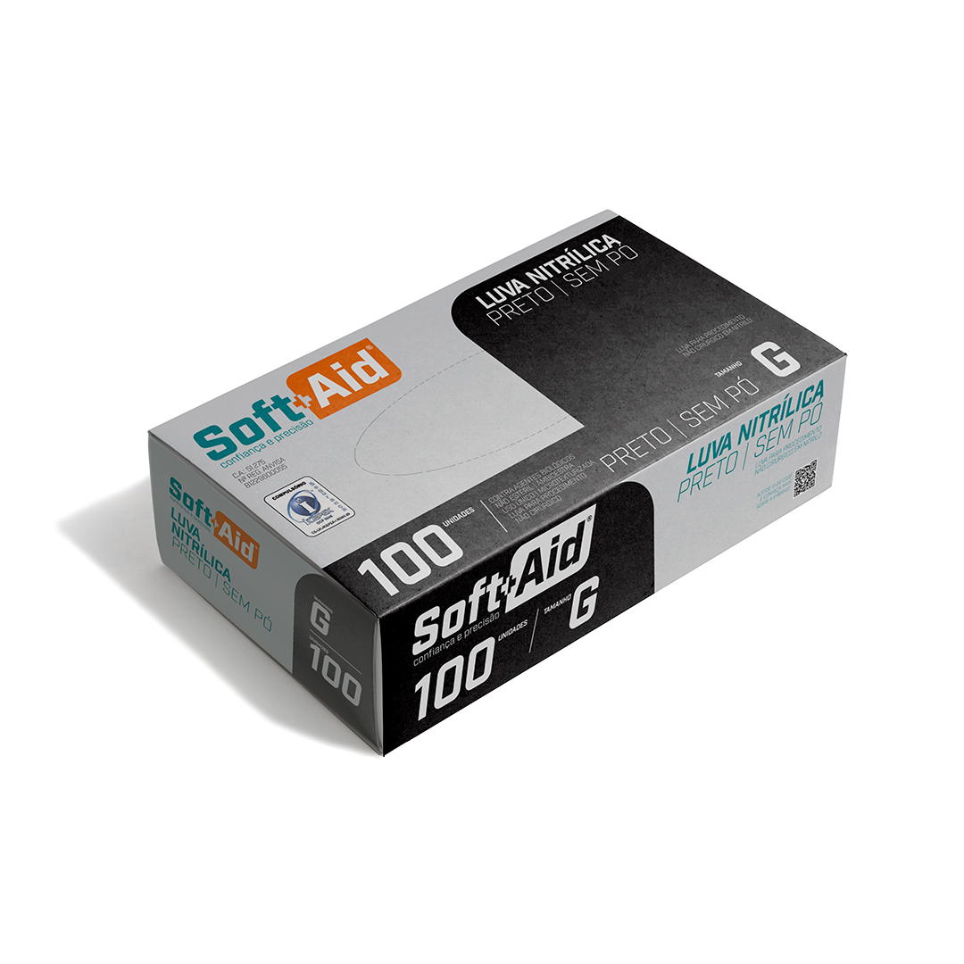 Luva Nitrílica Soft Aid Preta s/ Pó tam. G 100UN