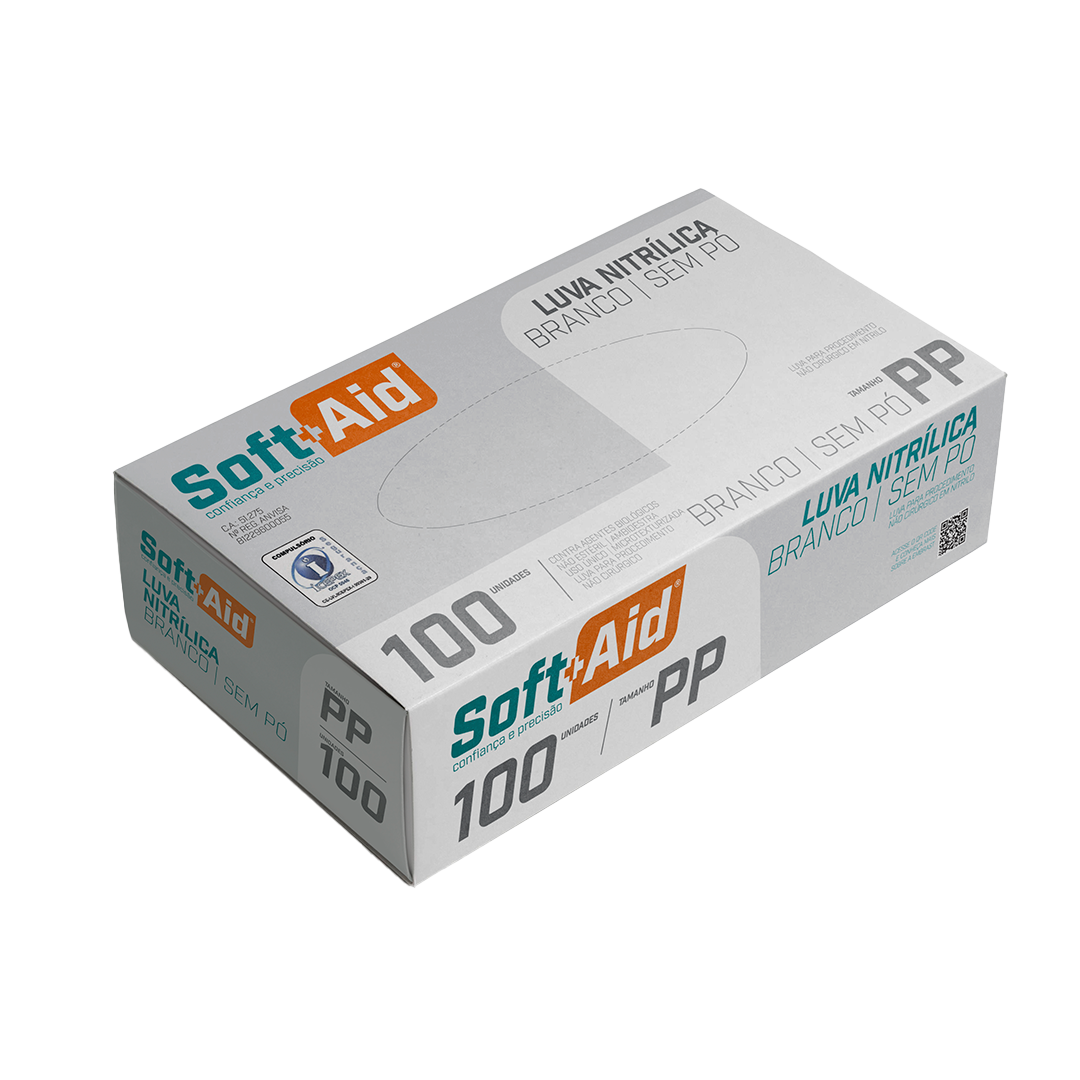 Luva Nitrílica Soft Aid Branca s/ Pó tam. PP 100UN