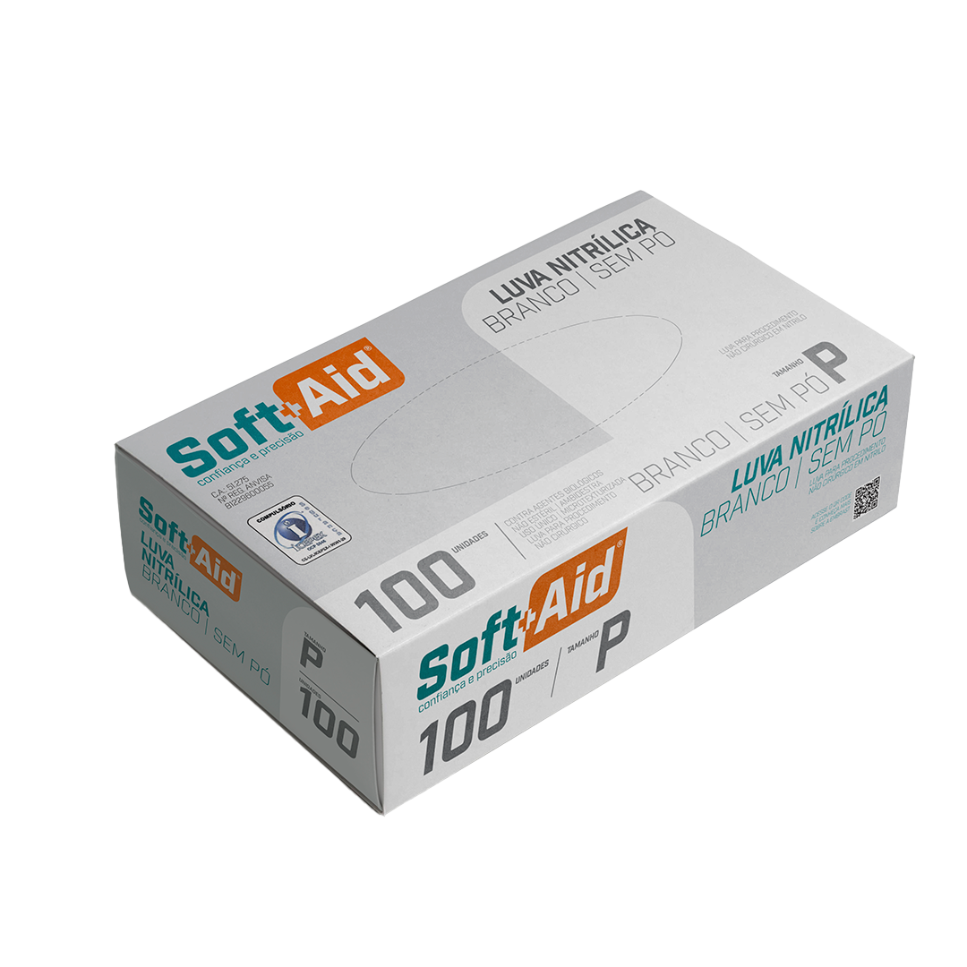 Luva Nitrílica Soft Aid Branca s/ Pó tam. P 100UN
