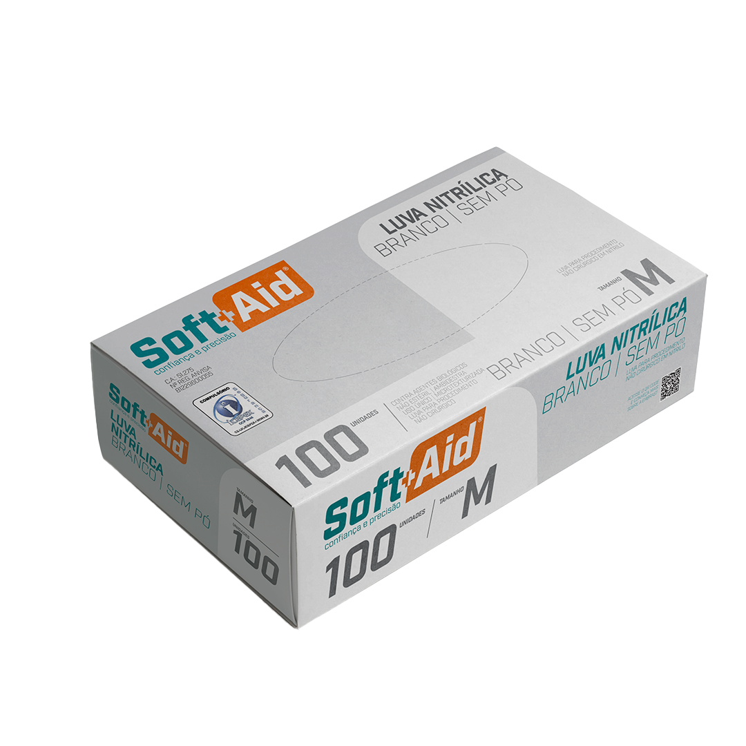 Luva Nitrílica Soft Aid Branca s/ Pó tam. M 100UN
