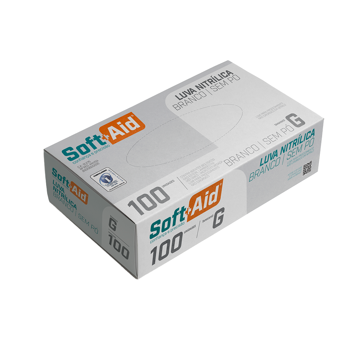 Luva Nitrílica Soft Aid Branca s/ Pó tam. G 100UN